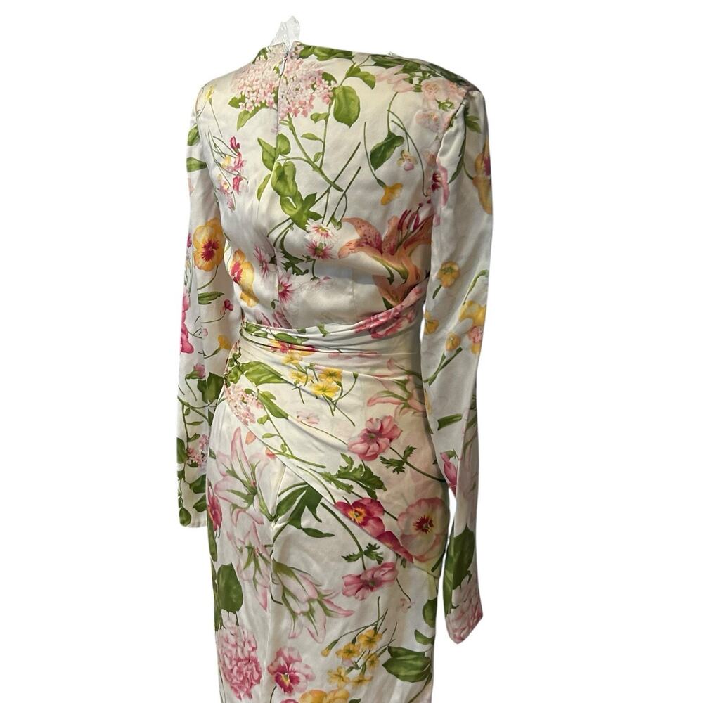 Bill Blass Vintage 80s Silk Floral Sheath Dress Ruched Waist Long Sleeve XS - Picture 12 of 13